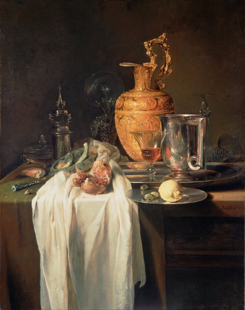 Martwa natura z kadzią, naczyniami i granatem autorstwa Willem Kalf