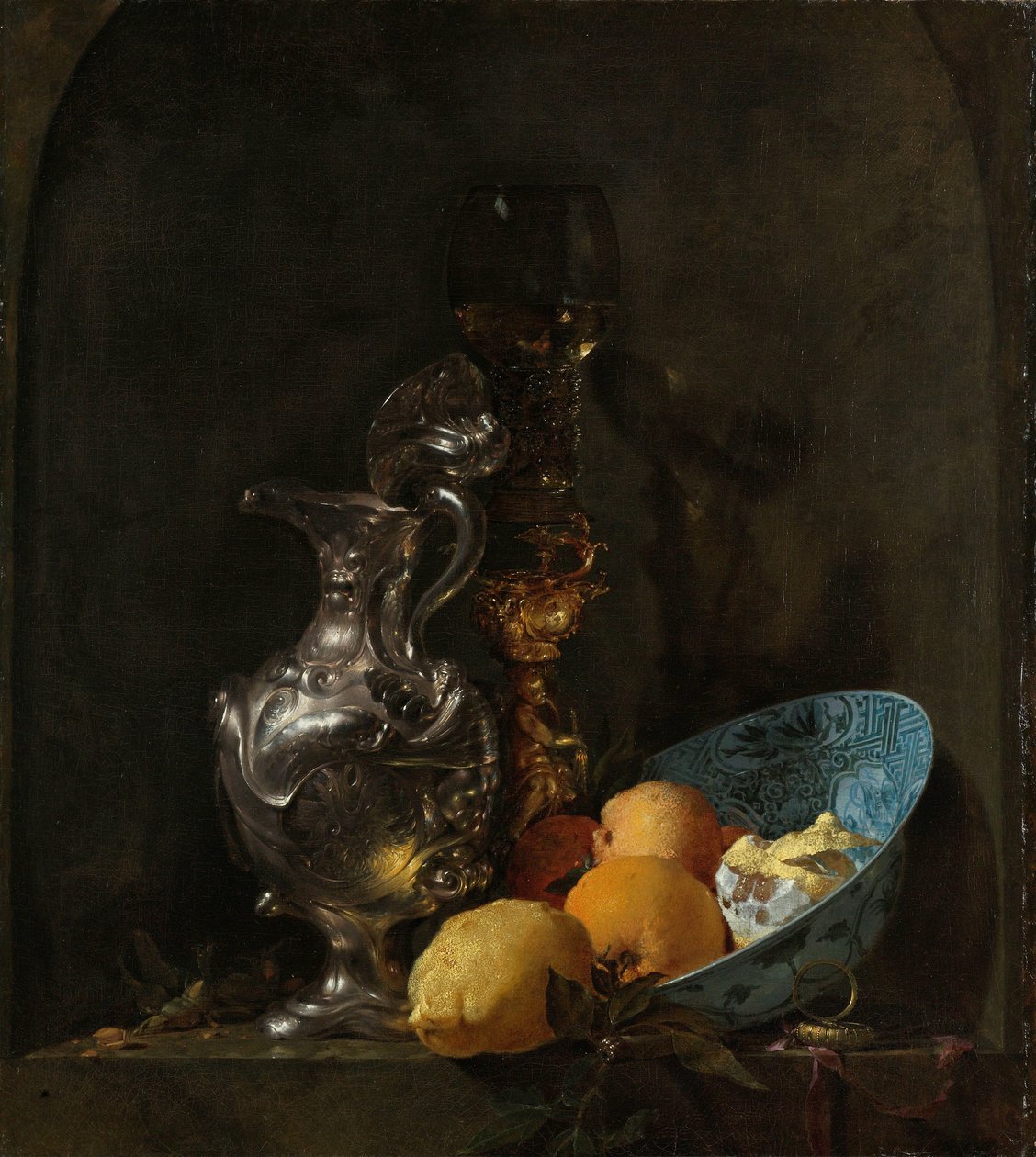 Martwa natura ze srebrnym dzbankiem i porcelanową miską Martwa natura ze srebrnym dzbanem autorstwa Willem Kalf