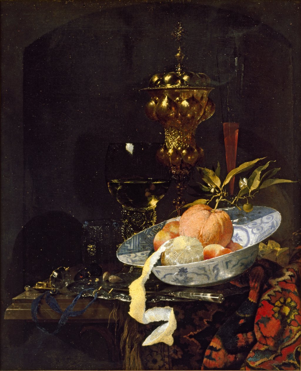 Martwa natura z orientalnym dywanem, początek lat 60. XVI wieku autorstwa Willem Kalf