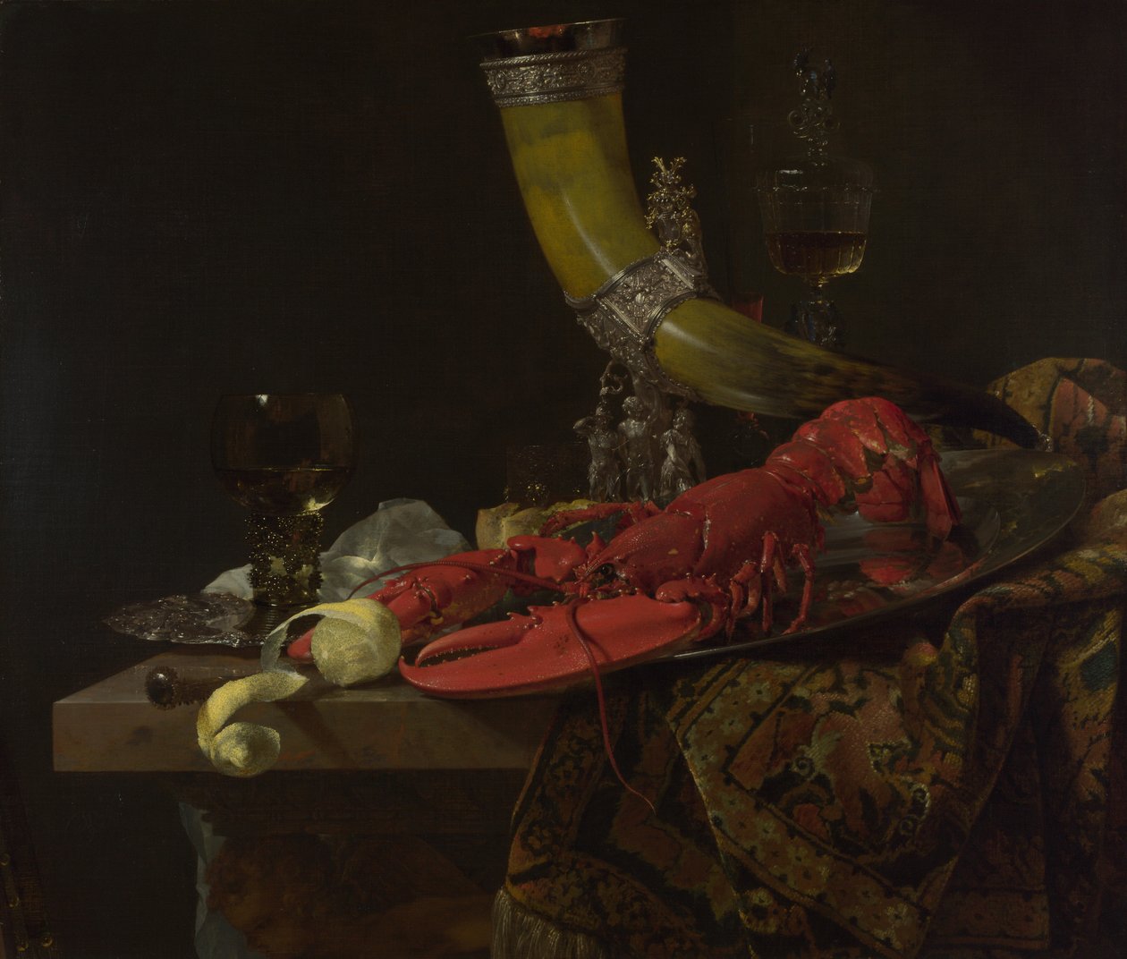 Martwa natura z rogiem gildii łuczników św. Sebastiana, homar i kieliszki, ca. 1653 autorstwa Willem Kalf