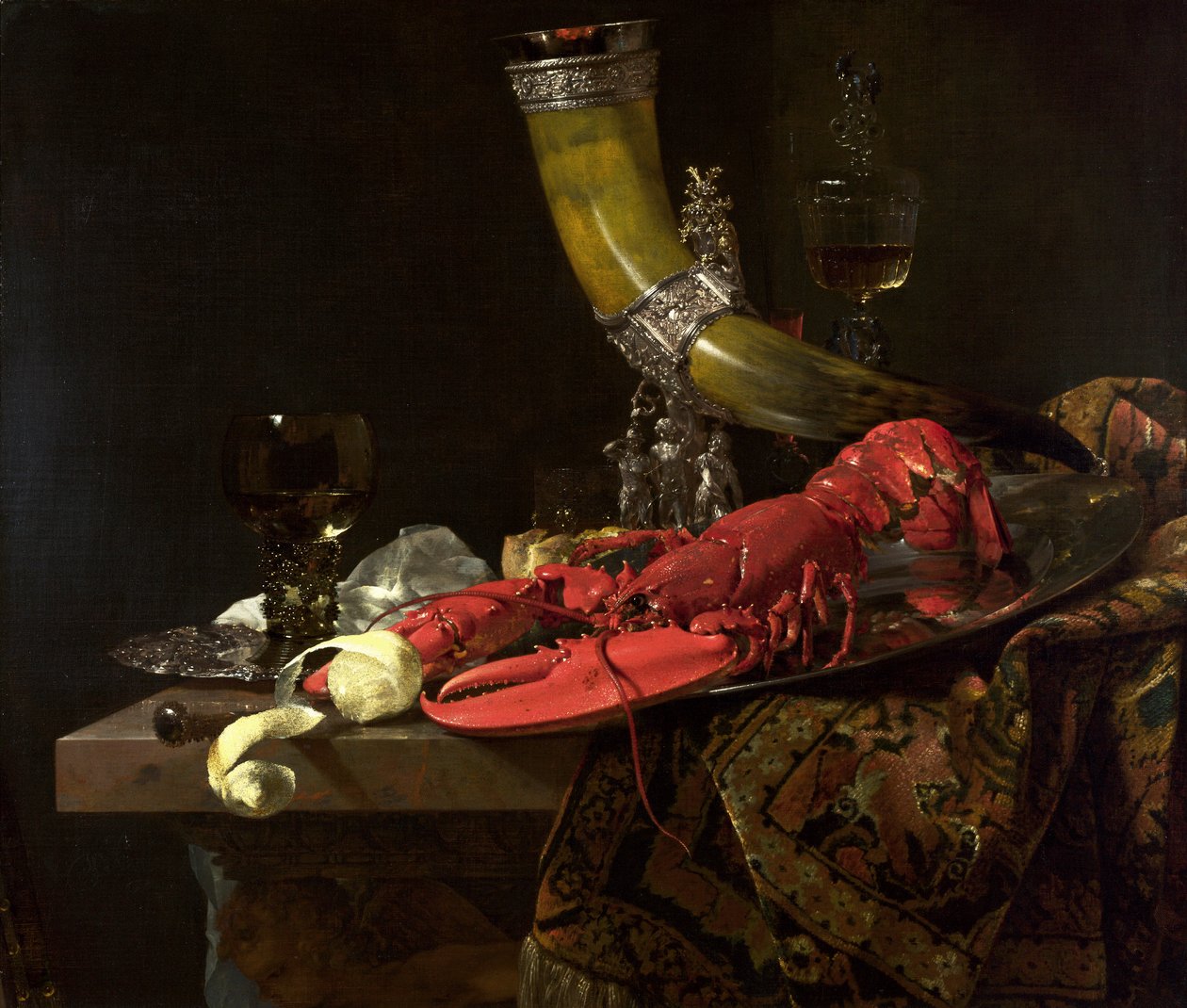 Martwa natura z rogiem gildii łuczników św. Sebastiana, homar i kieliszki, ok. 1653 (olej na płótnie) autorstwa Willem Kalf