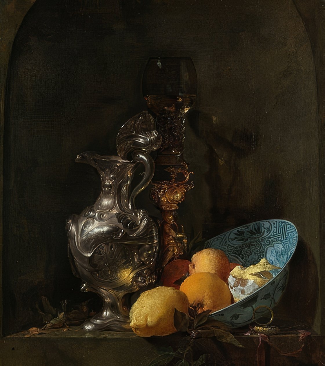Martwa natura ze srebrnym dzbankiem i porcelanową miską. 1655-60 autorstwa Willem Kalf