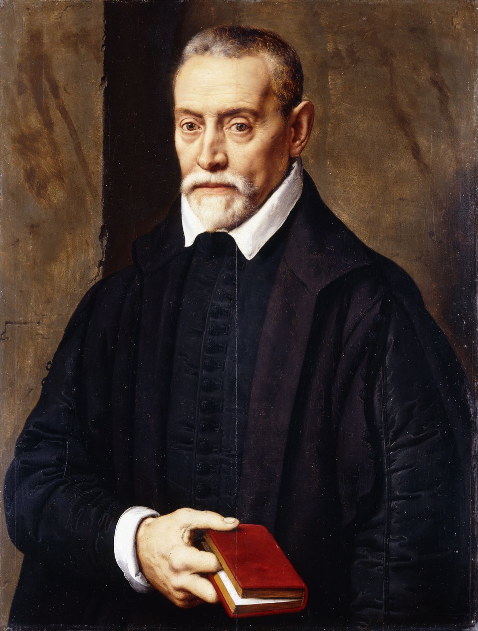 Portret akademika, do połowy długości, w czarnym stroju, trzymającego książkę, autorstwa Willem Key