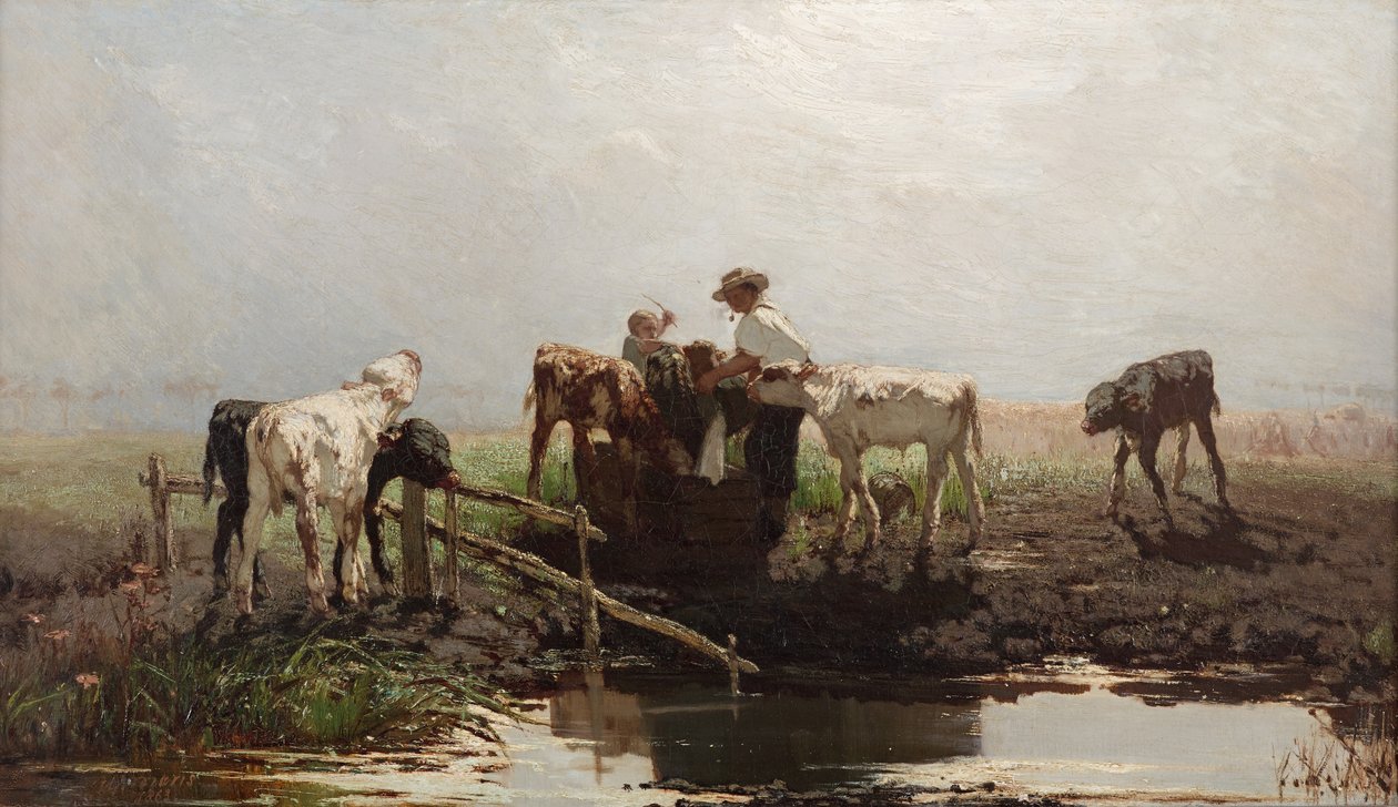 Cielęta w stawie, 1863 autorstwa Willem Maris