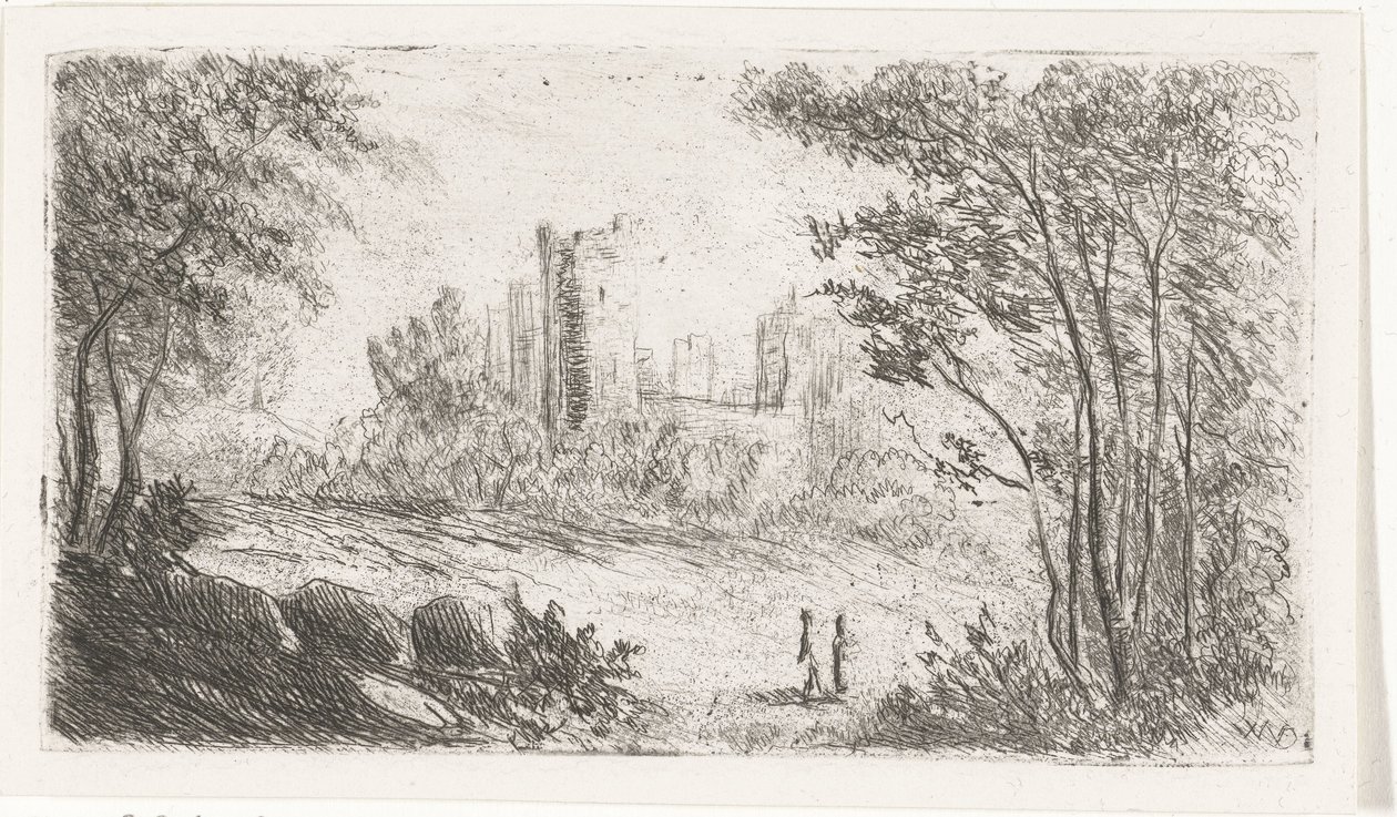 Krajobraz z ruinami zamku i dwiema postaciami autorstwa Willem Matthias Jan van Dielen