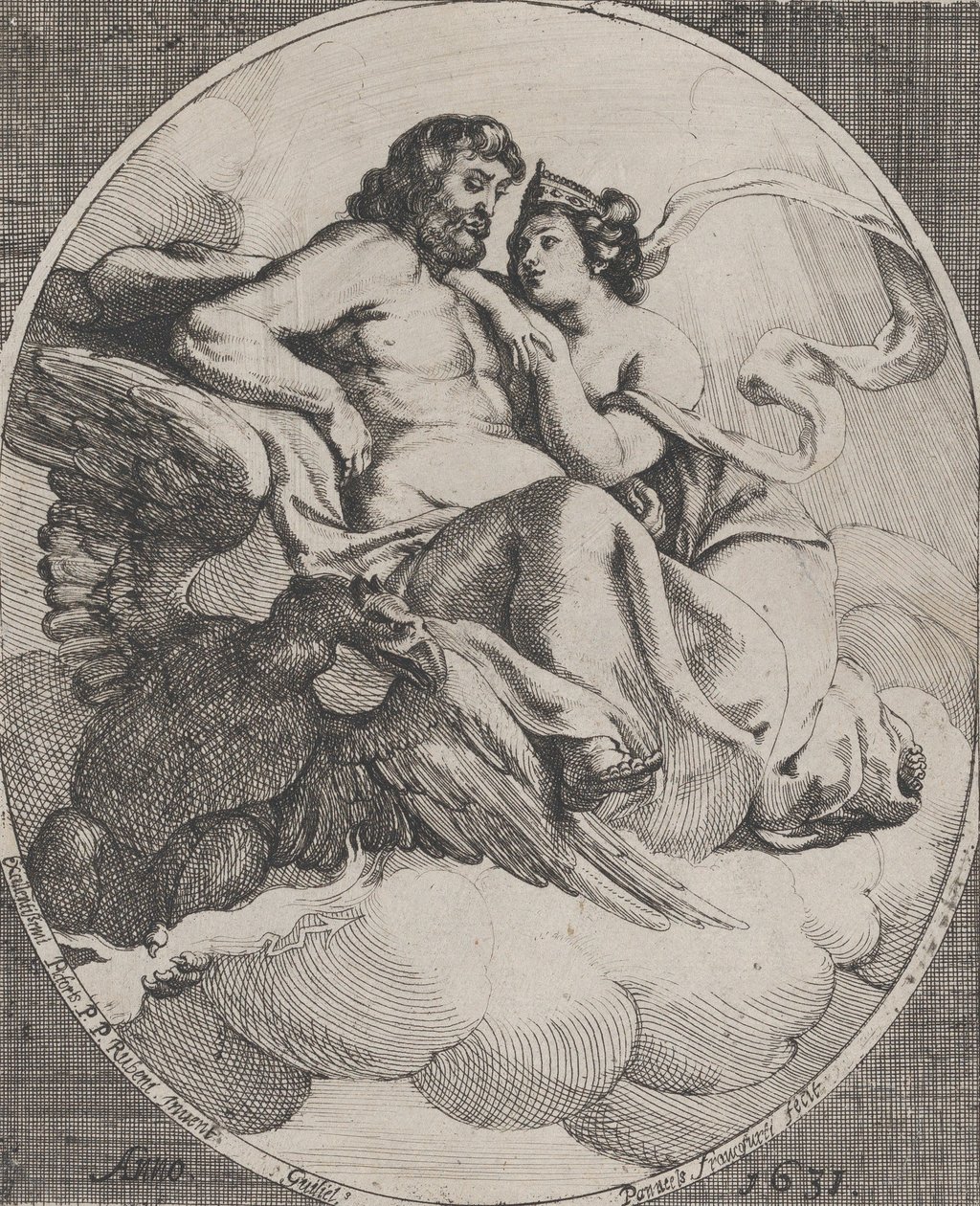 Jowisz i Junona siedzą na chmurach, z orłem trzymającym pioruny poniżej po lewej stronie, 1631. autorstwa Willem Panneels
