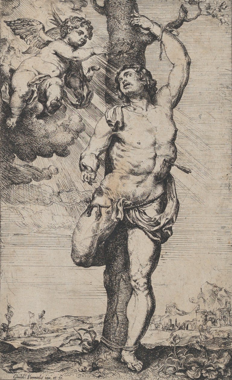 Męczeństwo św. Sebastiana, z koronacją aniołów w lewym górnym rogu, ca. 1620-32.. autorstwa Willem Panneels