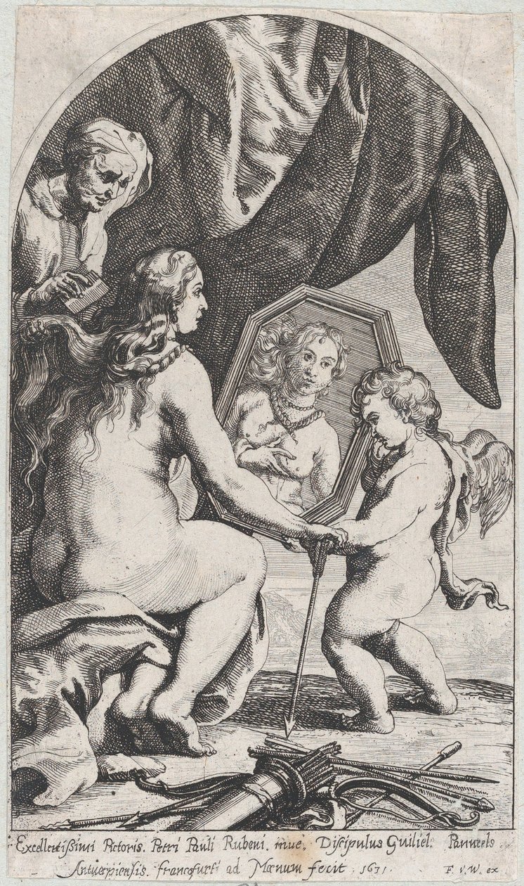 Wenus przed lustrem trzymanym przez Kupidyna, podczas gdy jej włosy są czesane przez staruszkę, 1631. autorstwa Willem Panneels