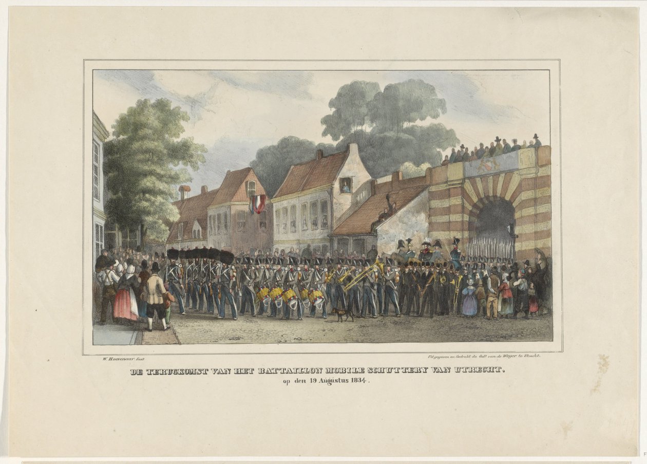 Powrót Bataillon Mobile Schuttery z Utrechtu, 19 sierpnia 1834 (tytuł na obiekcie) autorstwa Willem Pieter Hoevenaar
