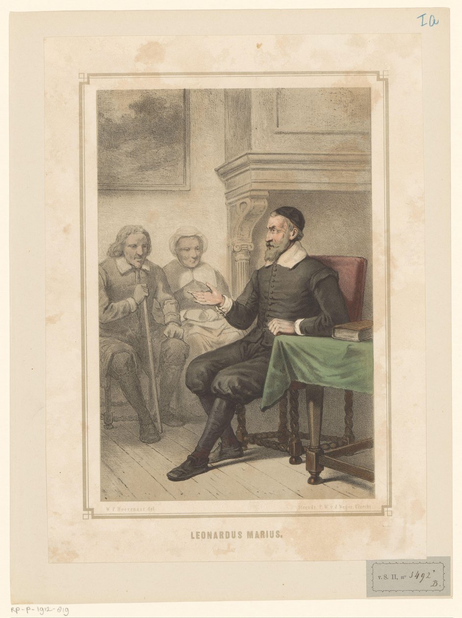 Leonardus Marius van der Goes zwraca się do mężczyzny i kobiety Leonardus Marius (tytuł na obiekcie) autorstwa Willem Pieter Hoevenaar