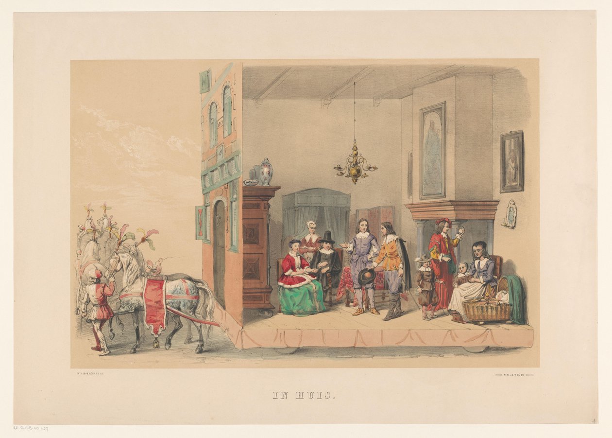 Druga grupa maskarady w Utrechcie w 1856 r. W domu (tytuł na obiekcie) Nasza ojczyzna około połowy XVII wieku, zaproponowana przez H.H. studenci, członkowie Mutua Fides, z okazji 220-lecia Utrechtsche Hoogeschool, 25 czerwca autorstwa Willem Pieter Hoevenaar