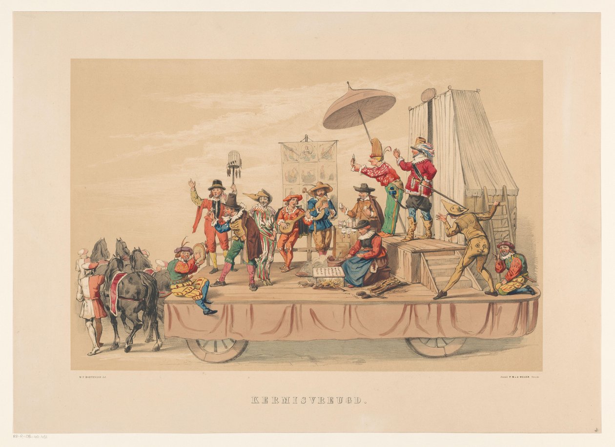 Szósta grupa maskarady w Utrechcie w 1856 r. Wesołych Świąt (tytuł na obiekcie) Nasza ojczyzna około połowy XVII wieku, zaproponowana przez H.H. studenci, członkowie Mutua Fides, z okazji 220-lecia Utrechtsche Hoogeschool, 25-lecia. autorstwa Willem Pieter Hoevenaar