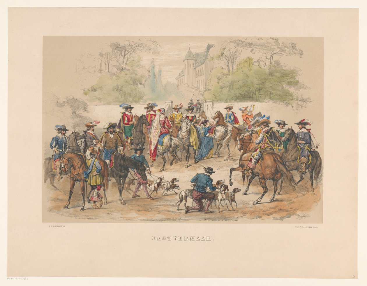 Siódma grupa maskarady w Utrechcie w 1856 r. Rozrywka myśliwska (tytuł na obiekcie) Nasza ojczyzna około połowy XVII wieku, zaproponowana przez H.H. studenci, członkowie Mutua Fides, z okazji 220-lecia Utrechtsche Hoogeschool, 25-lecia. autorstwa Willem Pieter Hoevenaar