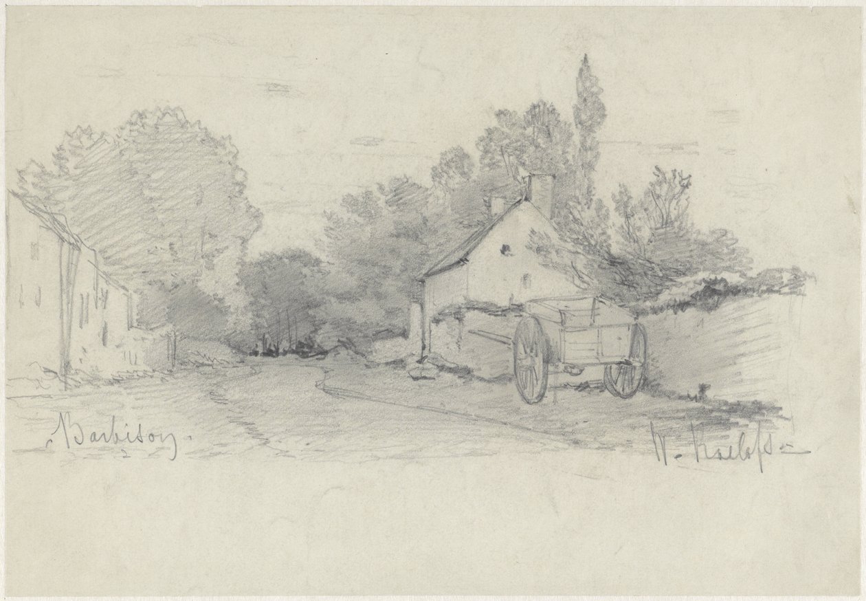 Widok ulicy z wózkiem w Barbizon autorstwa Willem Roelofs (I)
