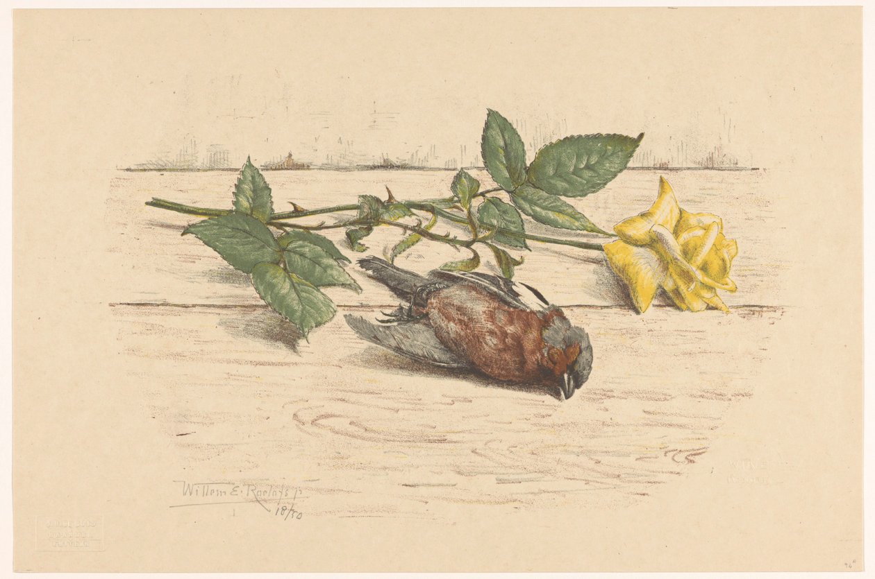 Martwy dzwoń leżący obok róży autorstwa Willem Roelofs (II) (signed by artist)
