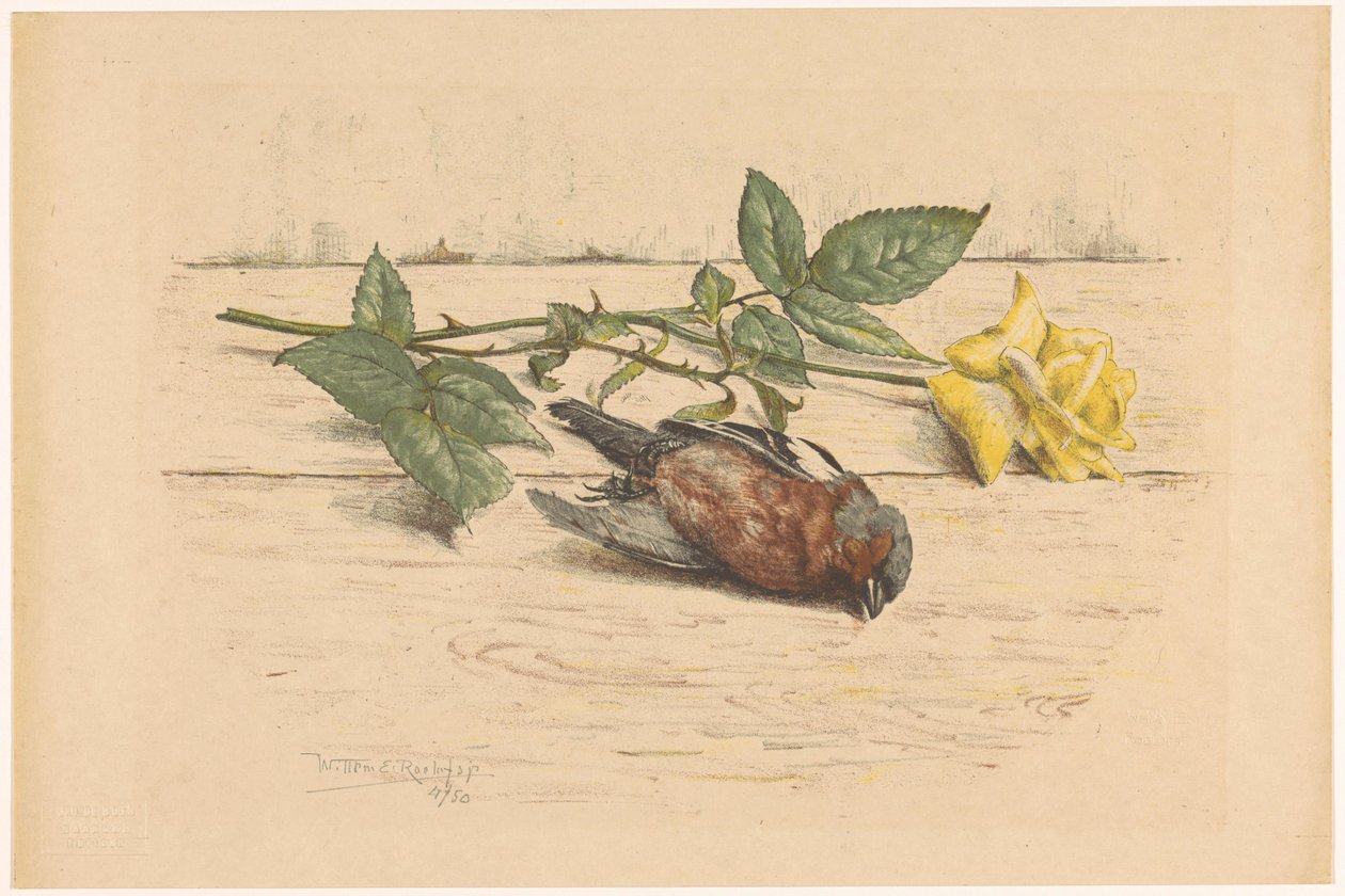 Martwy dzwoń leżący obok róży autorstwa Willem Roelofs (II) (signed by artist)