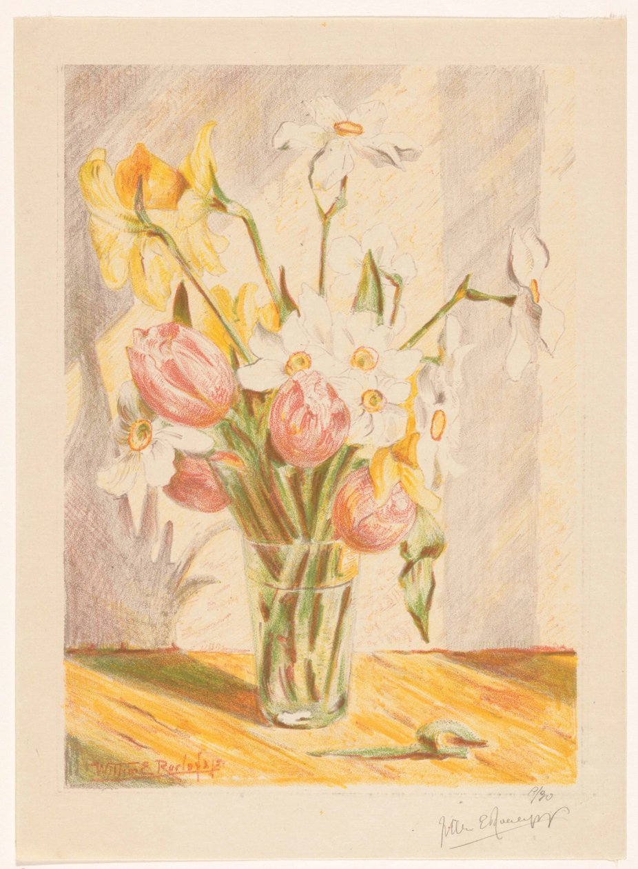 Tulipany i żonkile w wazonie autorstwa Willem Roelofs (II) (signed by artist)