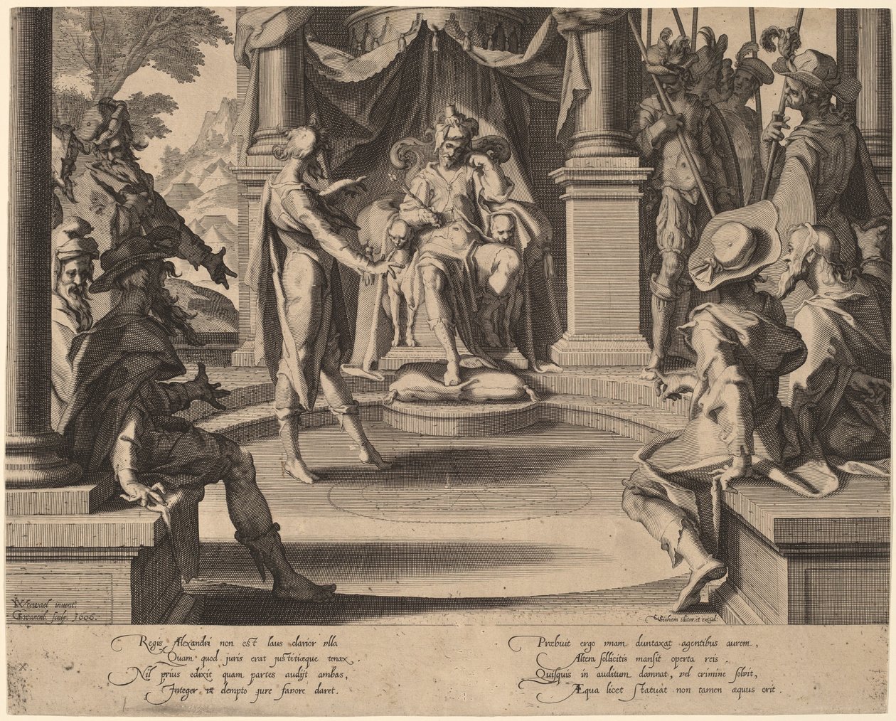 Aleksander Wielki zasiadający w sprawiedliwości autorstwa Willem Swanenburgh, after Joachim Anthonisz Wtewael