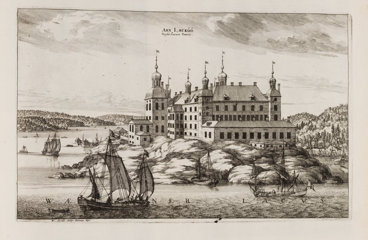 Zamek Läckö od strony jeziora Vänern. Z „Suecia antiqua et hodierna” autorstwa Willem Swidde
