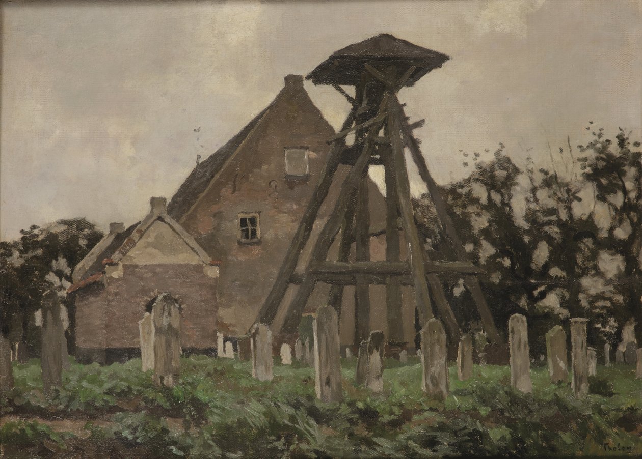 Kościół w Giethoorn z dzwonnicą (olej na płótnie położony na panelu) autorstwa Willem Tholen