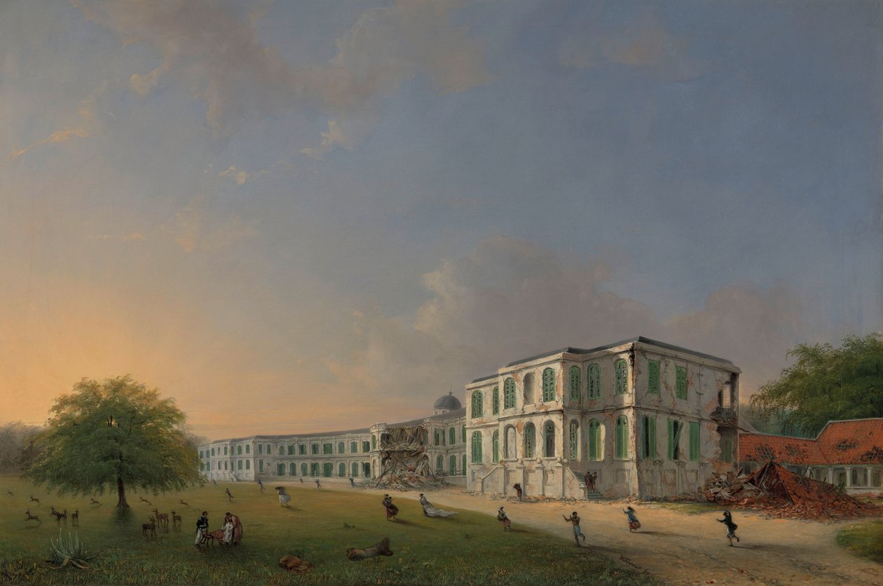 Widok z przodu Pałacu Buitenzorg podczas trzęsienia ziemi z 10 października 1834 r. Widok z przodu Pałacu Buitenzorg po trzęsieniu ziemi z 10 października 1834 r. autorstwa Willem Troost (II)