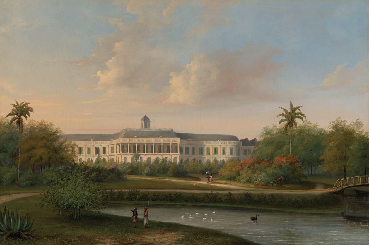 Widok z tyłu Pałacu Buitenzorg przed trzęsieniem ziemi z 10 października 1834 r autorstwa Willem Troost (II)
