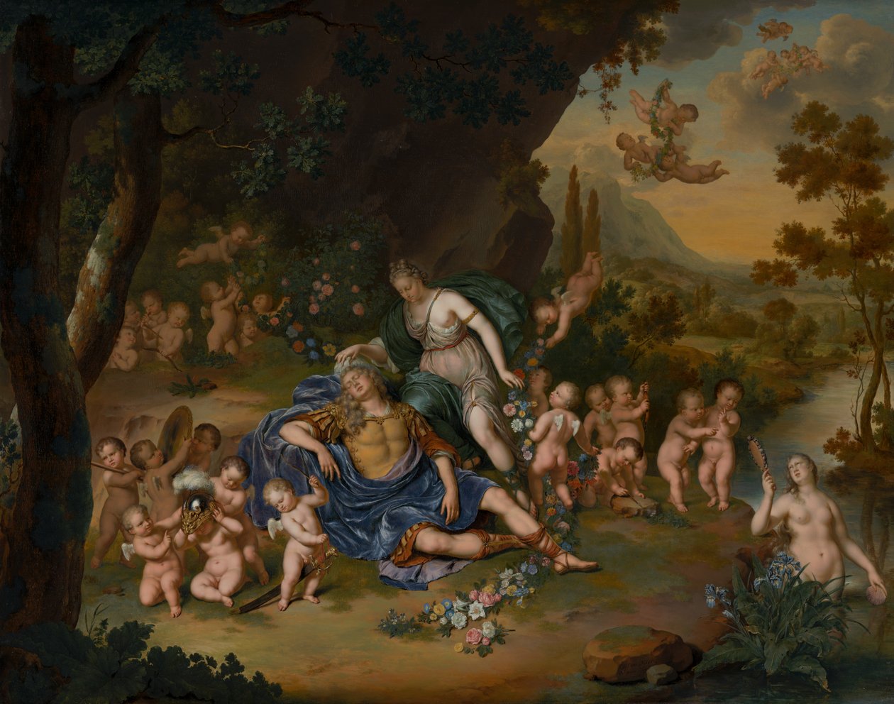 Armida wiążąca śpiącego Rinalda kwiatami autorstwa Willem Van Mieris