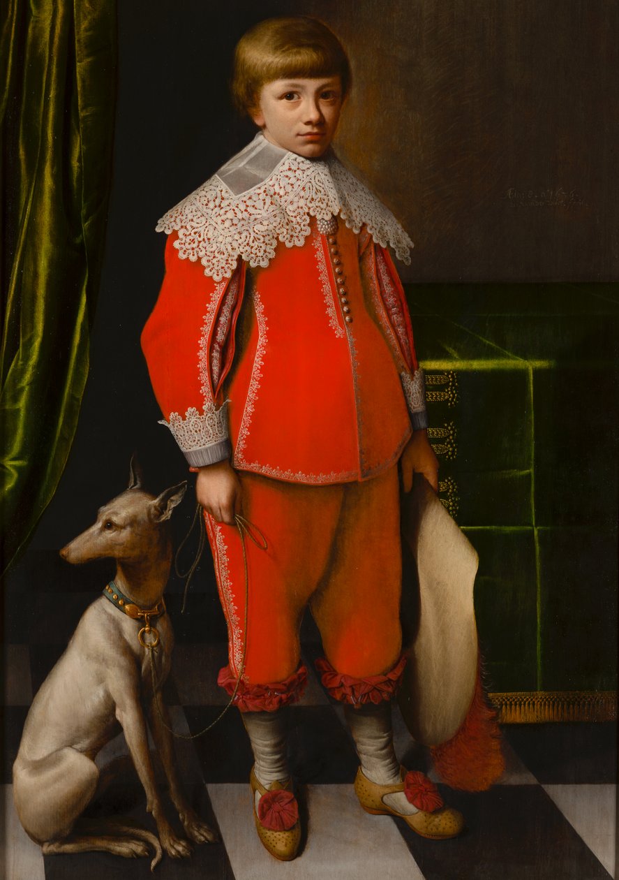 Portret ośmioletniego chłopca z whippetem na podłodze w szachownicę autorstwa Willem Willemsz. van der Vliet