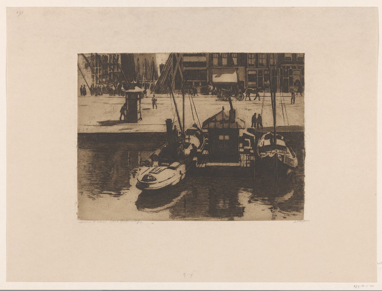 Zacumowane łodzie na Damrak w Amsterdamie autorstwa Willem Witsen (signed by artist)