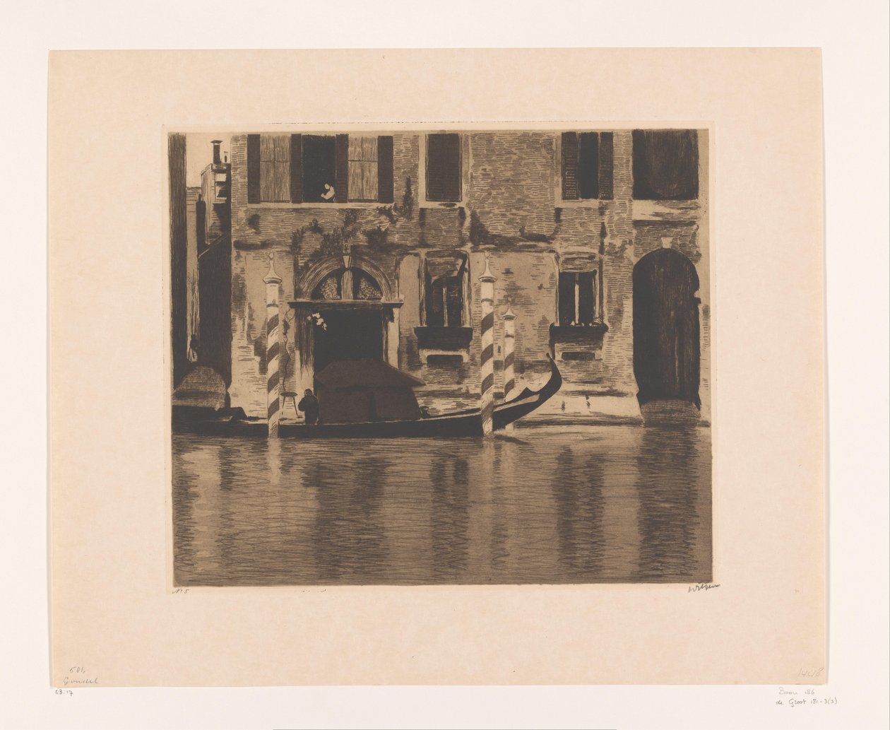 Zacumowana gondola z zabudową w kanale w Wenecji Gondola z konstrukcją na Canale Grande, Wenecja (tytuł oryginalny) autorstwa Willem Witsen (signed by artist)
