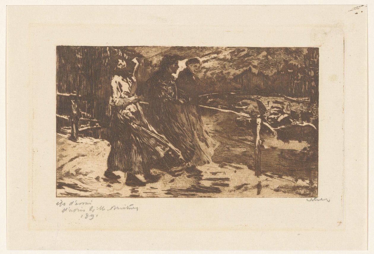 Trzy kobiety na moście w deszczu i wietrze autorstwa Willem Witsen (signed by artist)
