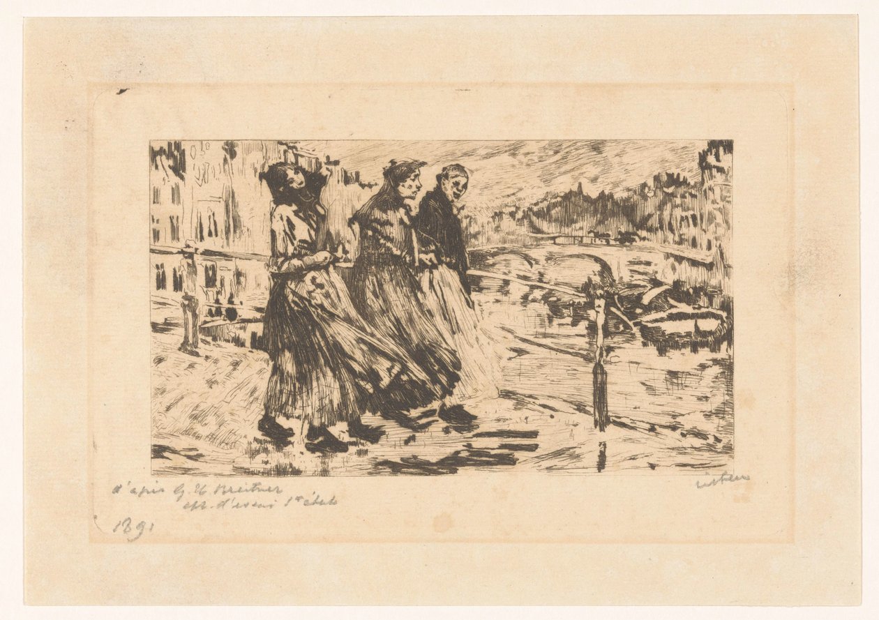 Trzy kobiety na moście w wietrze i deszczu autorstwa Willem Witsen (signed by artist)