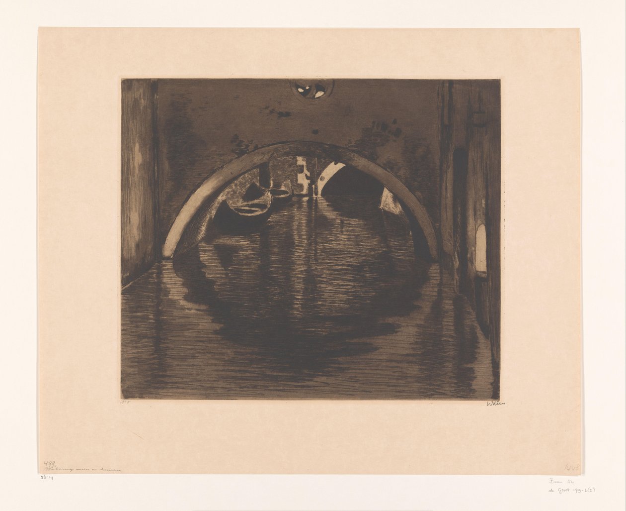 Widok pod mostem z dwiema łodziami wiosłowymi Pod mostem, Wenecja (tytuł oryginalny) autorstwa Willem Witsen (signed by artist)