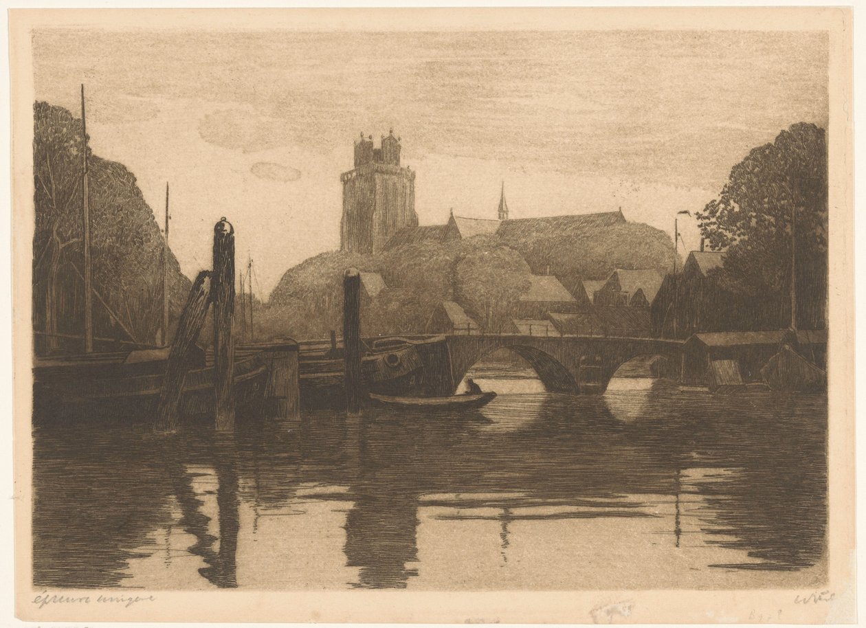 Widok na Nieuwe Haven i Grote Kerk w Dordrecht autorstwa Willem Witsen (signed by artist)