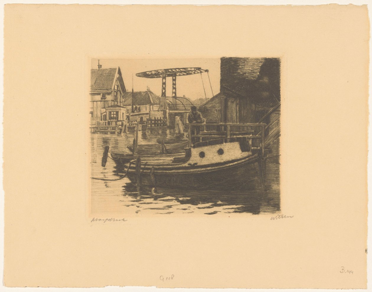 Widok na most zwodzony między Kalkmarktem a Gravenhekje w Amsterdamie autorstwa Willem Witsen (signed by artist)