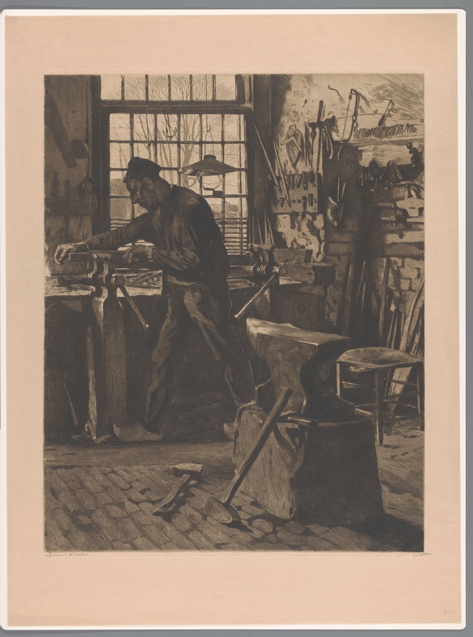 Kowal przy pracy na imadle przy oknie Wiejski kowal przed oknem (Bram) (tytuł oryginalny) autorstwa Willem Witsen (signed by artist)