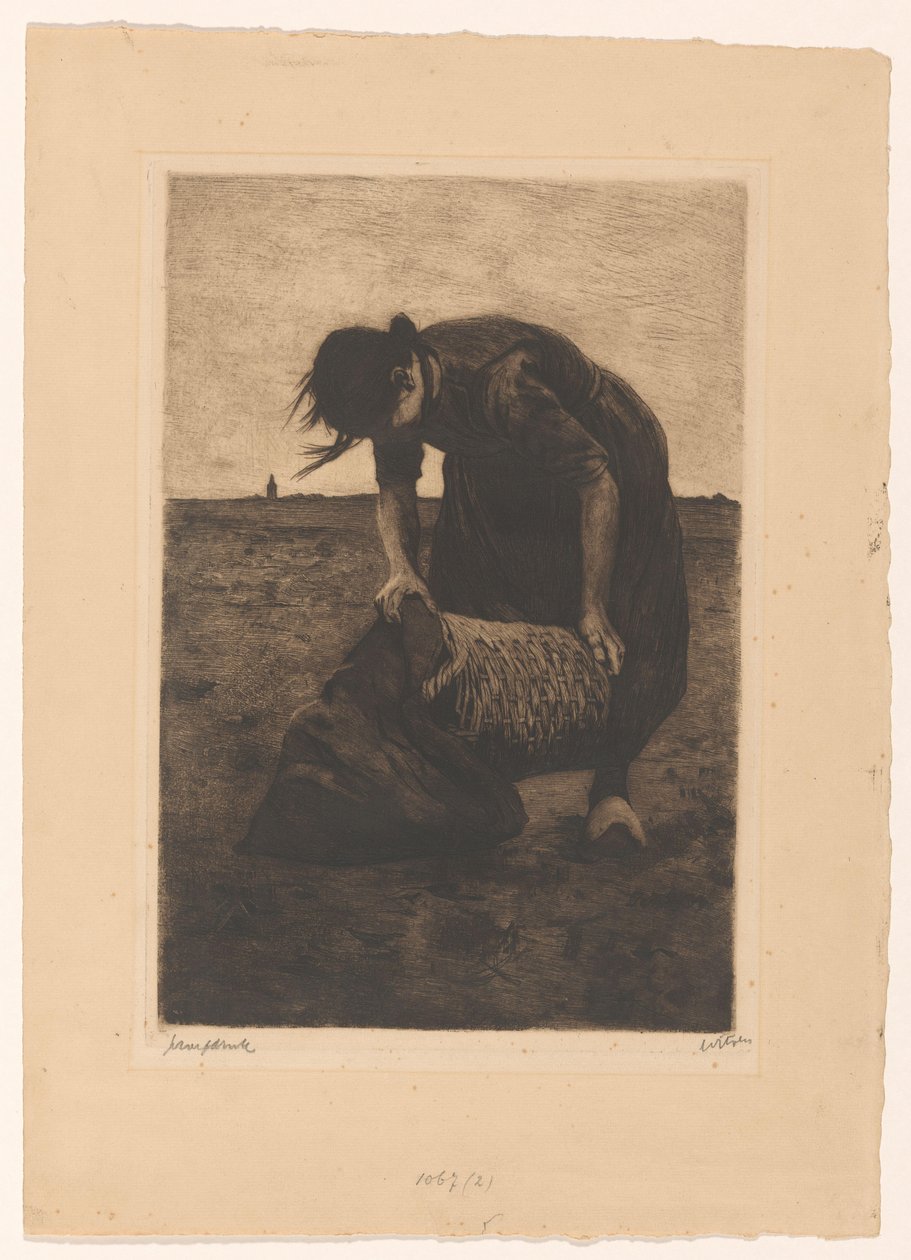 Kombajn ziemniaczany wygięty do przodu z koszem i torbą autorstwa Willem Witsen (signed by artist)