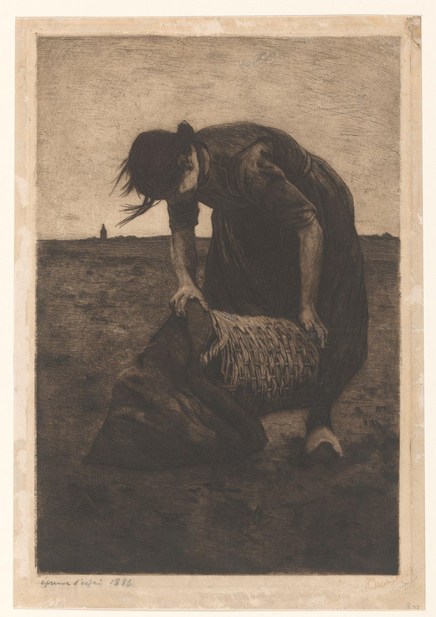 Kombajn ziemniaczany wygięty do przodu z koszem i torbą autorstwa Willem Witsen (signed by artist)