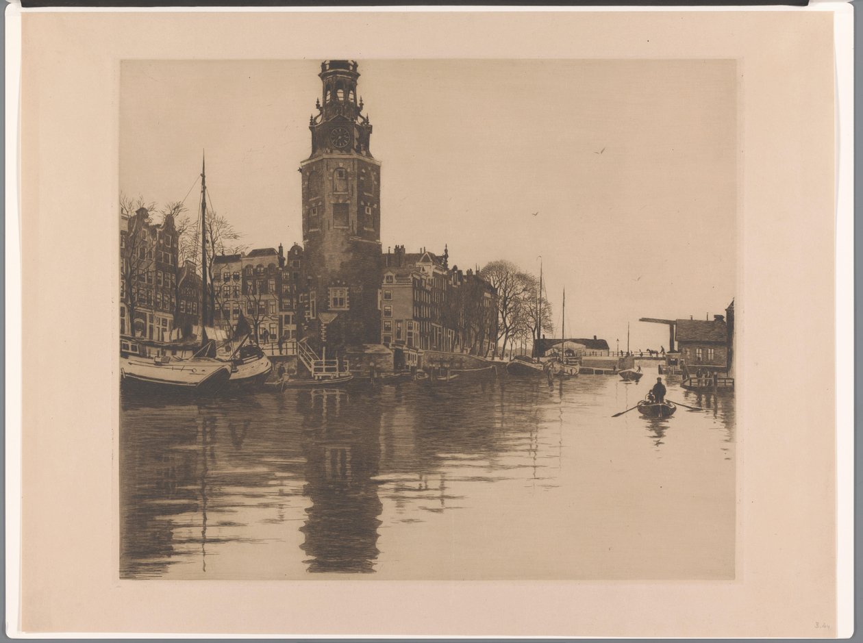 Widok na Montelbaanstoren w Amsterdamie Old Schans z Montelbaanstoren i łodzią wiosłową (tytuł oryginalny) autorstwa Willem Arnoldus Witsen