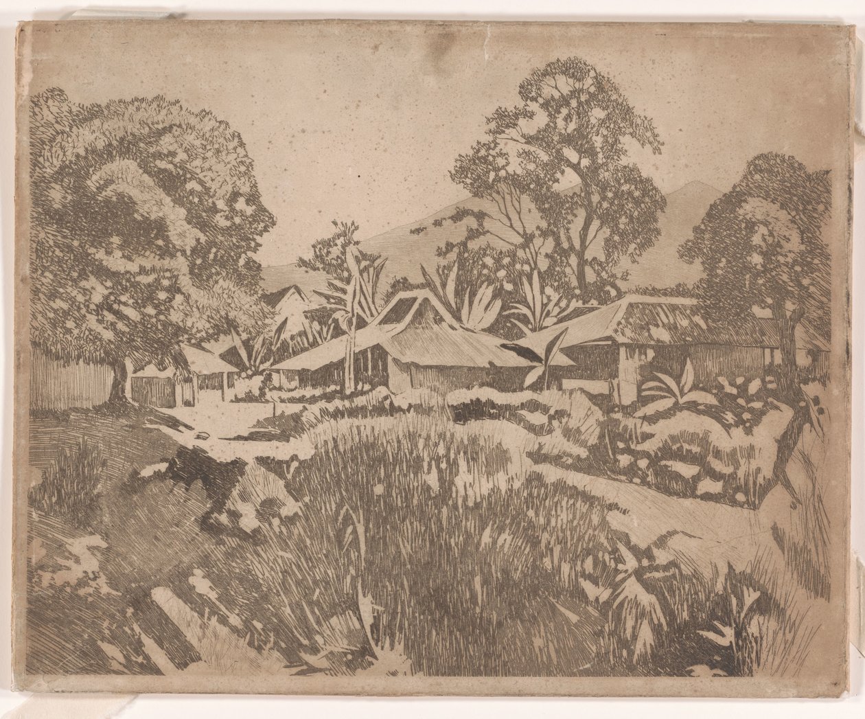 Domy w kampongu z wulkanami Salak i Gedeh w tle, Buitenzorg autorstwa Willem Arnoldus Witsen
