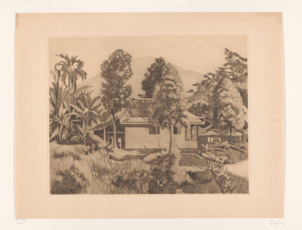 Dom w Bogor z górą w tle Dom z wulkanem Salak(?) w tle, Buitenzorg (tytuł oryginalny) autorstwa Willem Arnoldus Witsen
