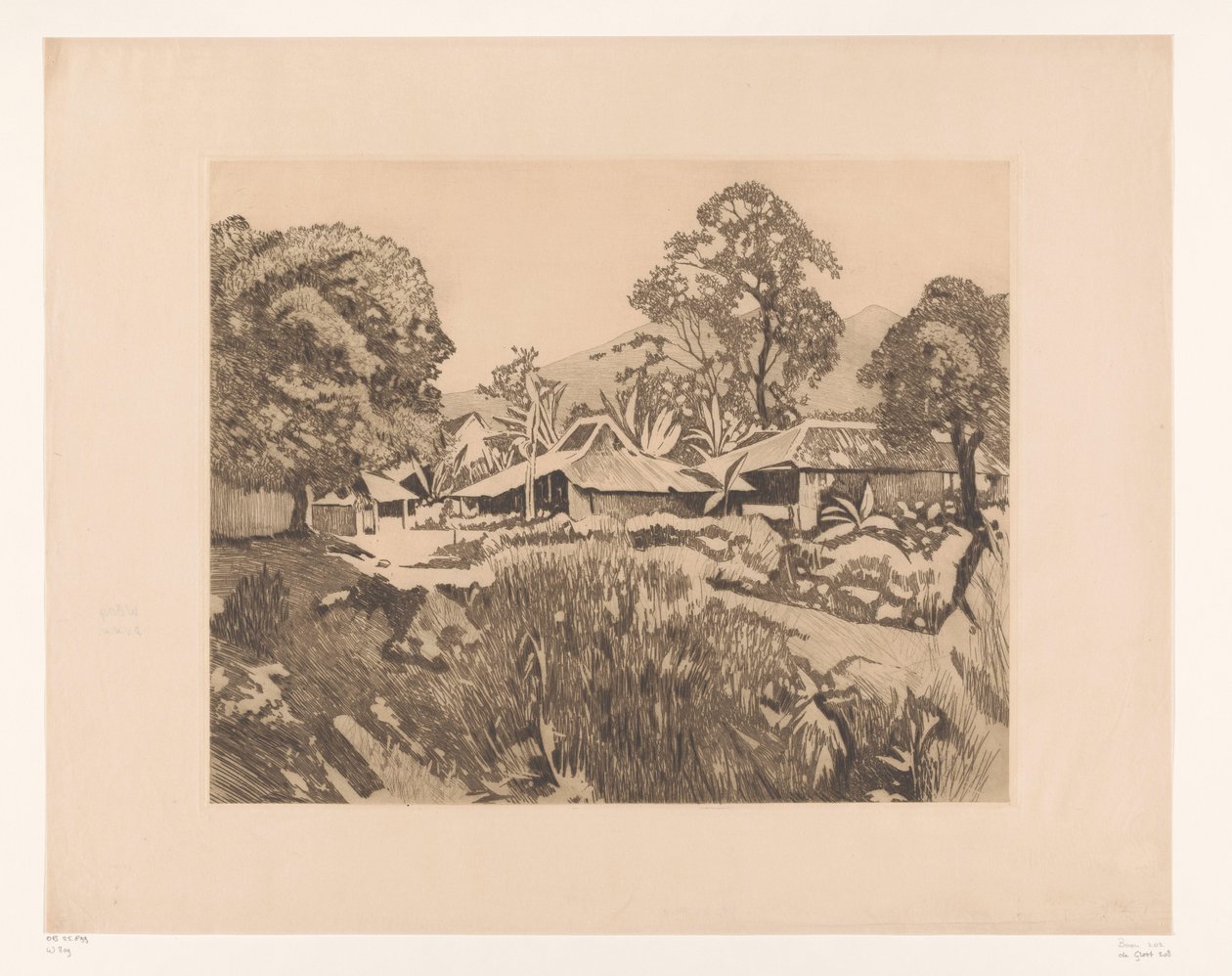 Domy w Bogor przed wulkanami Salak i Gede Domy w kampongu z wulkanami Salak i Gedeh w tle, Buitenzorg (tytuł oryginalny) autorstwa Willem Arnoldus Witsen