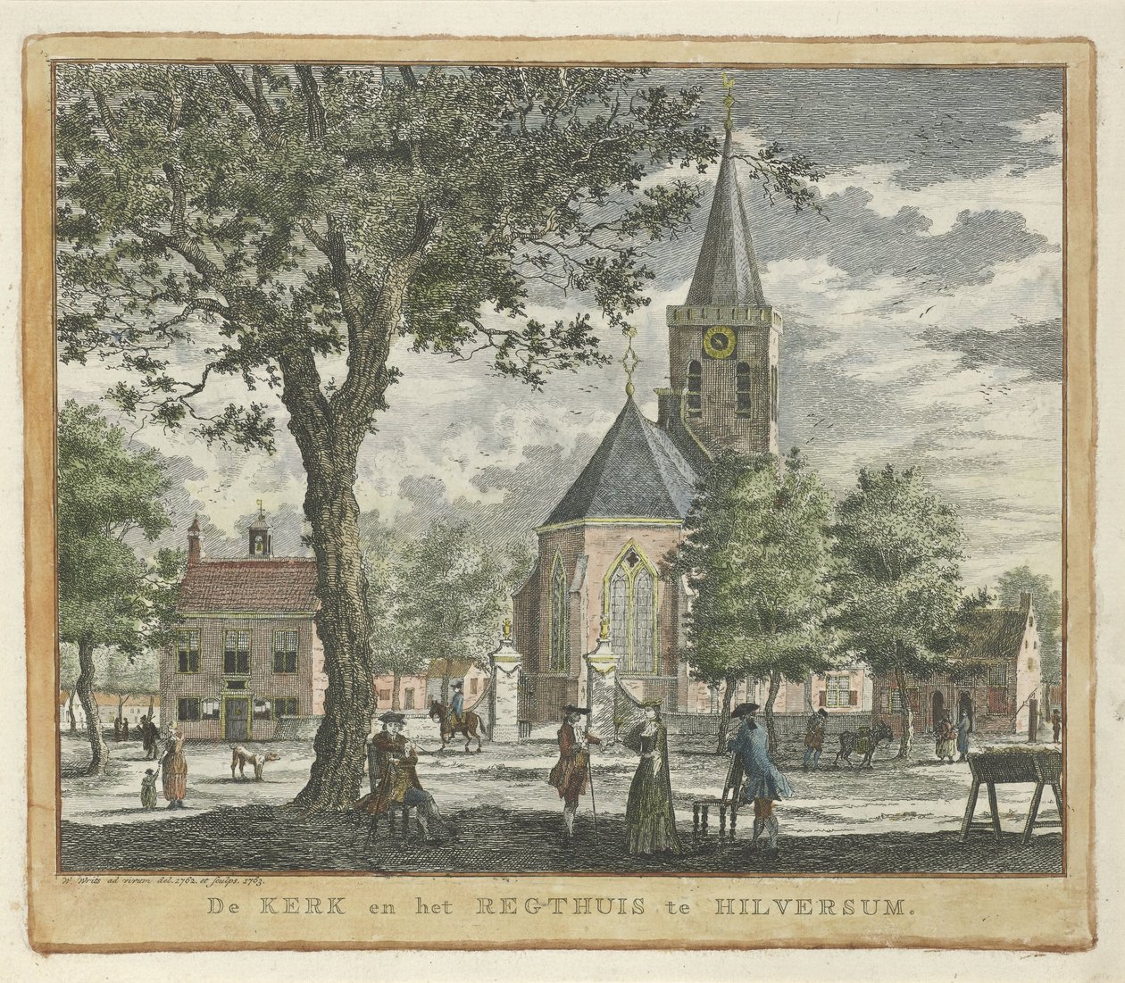 Kościół i gmach sądu w Hilversum w 1762 r. (przed pożarem w 1766 r.) Kościół i Regthuis in Hilversum (tytuł na obiekcie) autorstwa Willem Writs