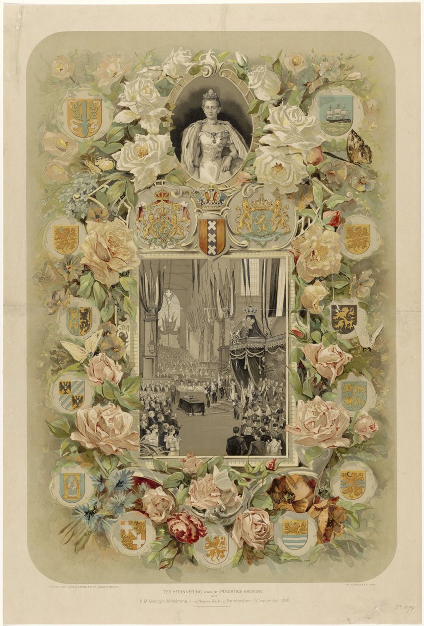 Pamięci Uroczystej Koronacji J.M. Królowej Wilhelminy na Nieuwe Kerk w Amsterdamie - 6 września 1898 (tytuł na obiekcie) autorstwa Willem Zwart