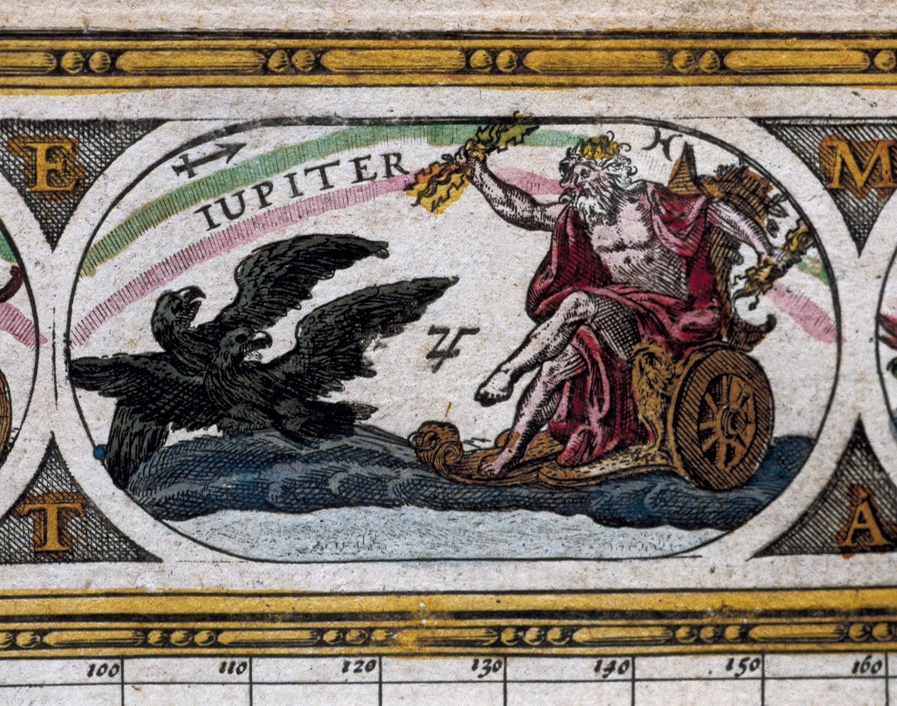 Przedstawienie Boga Jowisza walczącego z czarnymi orłami w swoim rydwanie (rycina) w „Le Theatre du Monde” autorstwa Willem and Joan  Blaeu