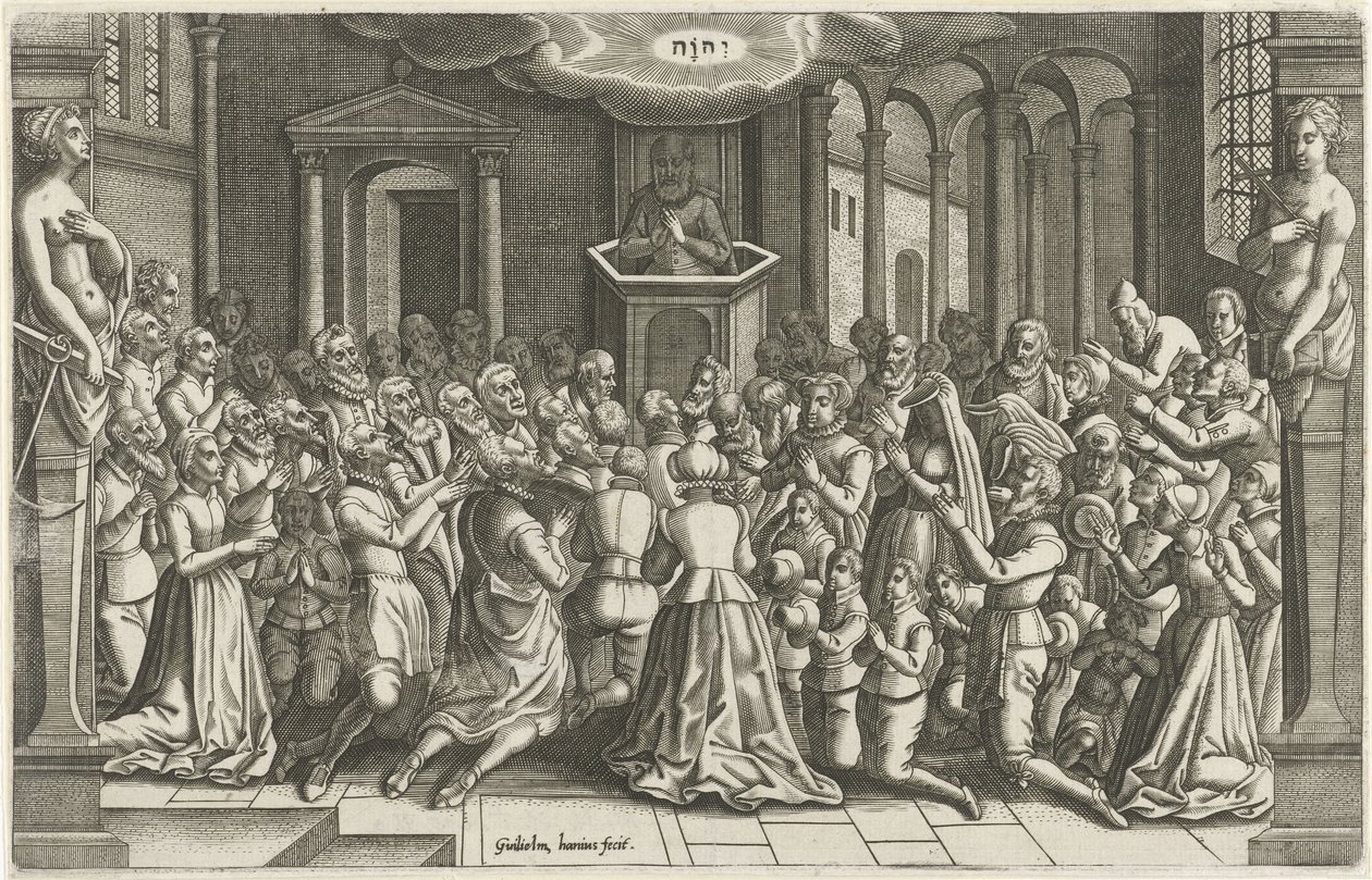 Święto Dziękczynienia w kościele po odsieczy Leiden Beschryving der Stadt Leyden Orlersa (tytuł serii) autorstwa Willem de Haen