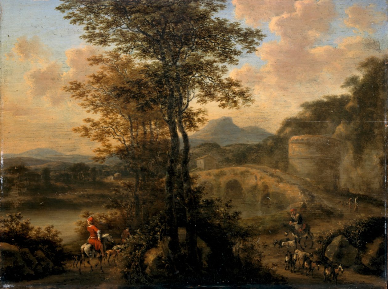 Włoski krajobraz rzeczny z kamiennym mostem, 1650 autorstwa Willem de Heusch
