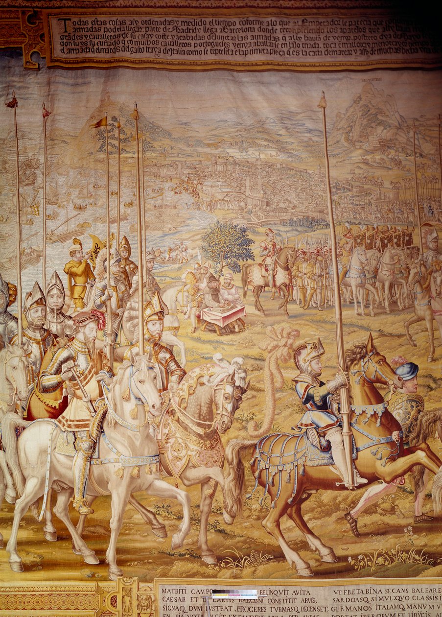Podbój Tunisu przez cesarza Karola V w 1535 r.: przedstawienie cesarza i niemowlęcia Don Luisa. Fragment gobelinu autorstwa Willema de Pannemakera (aktywny około 1535-1554) 1554 Alcazar de Seville autorstwa Willem de Pannemaker