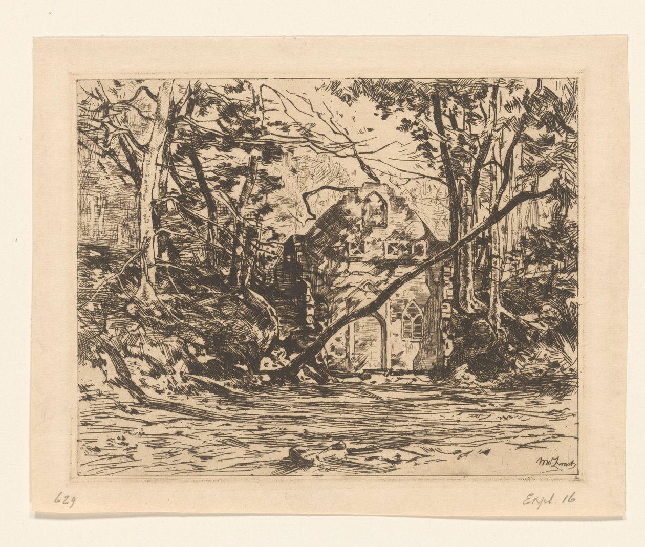 Ruiny w lesie Ruina z wyrwanym drzewem (Lage Vuursche) (tytuł oryginalny) autorstwa Willem de Zwart