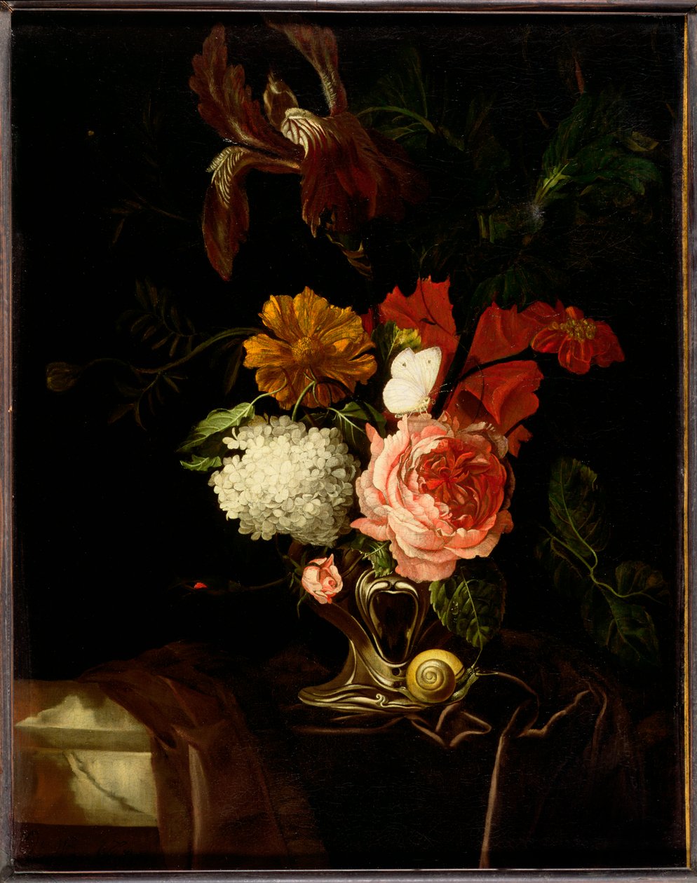 Róża, irys, liliowy i inne kwiaty w srebrnym wazonie uszny ze ślimakiem i motylem na drapowanej półce autorstwa Willem van Aelst